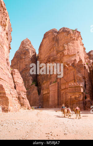 PETRA, Jordanien - April 25, 2016: Arabische jordanischen Beduinen Mann reitet auf einem Kamel in Petra, Jordanien. Stockfoto