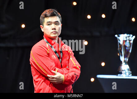 London, Großbritannien. 25 Feb, 2018. Lu Guozheng von Chinas Männer Team Coach während der International Table Tennis Federation Team Wm Finale zwischen Chinas Männer Mannschaft gegen Japans Männer Team bei Kupfer, Arena am Sonntag, den 25. Februar 2018. LONDON ENGLAND. Credit: Taka G Wu Credit: Taka Wu/Alamy leben Nachrichten Stockfoto