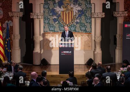 BARCELONA, SPANIEN - 25. Februar: Matten Granryd Generaldirektor der GSMA während der König Felipe VI. von Spanien auf dem Mobile World Congress Offizielles Abendessen Eröffnung am Palau de la Musica de Barcelona teilnehmen, die am 25. Februar in Barcelona, Spanien 2018. Cordon drücken Sie Stockfoto