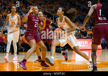 Februar 25, 2018: Jaime Nared #31 der Tennessee Dame Volunteers Drives zum Korb gegen Mikiah Herbert Harrigan #21 der Südcarolina Kampfhähne während der NCAA Basketball Spiel zwischen der Universität von Tennessee Lady Volunteers und der Universität von South Carolina Kampfhähne bei Thompson Boling Arena in Knoxville TN Tim Gangloff/CSM Stockfoto