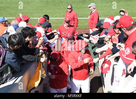 In Tempe, Arizona, USA. 24 Feb, 2018. Shohei Ohtani (Engel) MLB: Shohei Ohtani der Los Angeles Engel verlässt das Feld nach einem Spring Training Baseball Spiel gegen die Milwaukee Brewers bei Tempe Diablo Stadion in Tempe, Arizona, United States. Quelle: LBA/Alamy leben Nachrichten Stockfoto