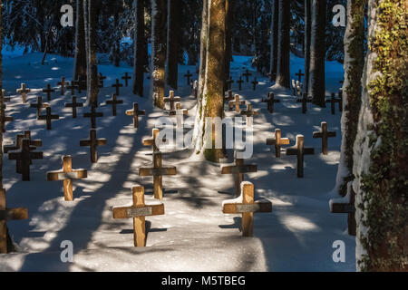 Die duchesne Friedhof im Schnee in den Vogesen, Frankreich, wo liegen die französischen Soldaten, die gestorben Figh Stockfoto