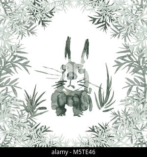 Aquarell graue Tinte Hase im Gras sitzen und von der grauen Pflanzen dekoriert Stockfoto