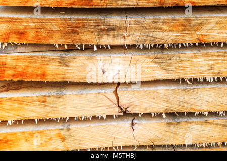 Stapel von Holz Gewürz in der Sonne bereit für den Einsatz in historischen Gebäuden und Projekte. Stockfoto