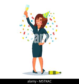 Betrunken Business Woman Vektor. Corporate Partei. Entspannende Konzept. Die Partei treffen. Feiern Sieg im Amt. Flache Cartoon Illustration Stock Vektor