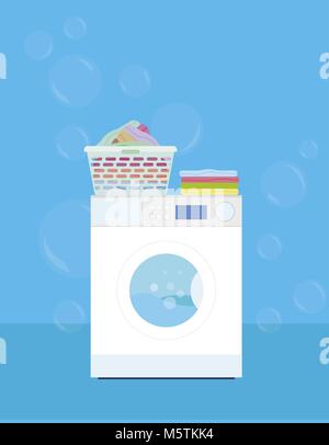 Waschmaschine mit einem Korb Wäsche auf blauem Hintergrund: Vector Illustration Stock Vektor