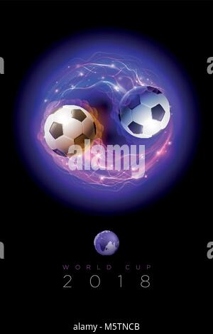 Fußball in Flammen und Lichter auf schwarzem Hintergrund. Wm 2018 Konzept Vector Illustration. Stock Vektor