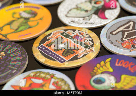 Pogs (Milch gap) Collectibles, mit denen die beliebten Kinder Spiel wurde in den 90er Jahren Stockfoto