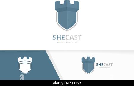 Vektor Schloss und Schild logo Kombination. Turm und Sicherheit Symbol oder Icon. Einzigartige Festung und Guard Logo Design Template. Stock Vektor