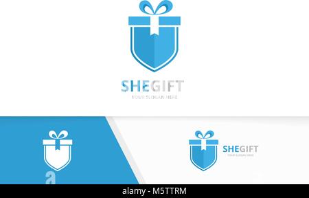 Vektor Geschenk und Shield Logo Kombination. Gegenwart und Sicherheit Symbol oder Icon. Einzigartige Überraschung und Guard Logo Design Template. Stock Vektor