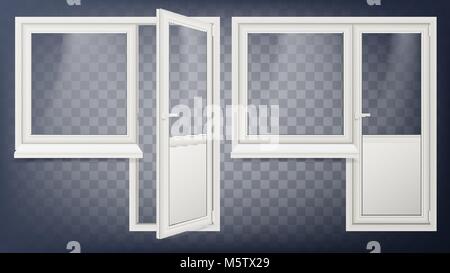 Kunststoff Tür Vektor. Home Interior Tür und Fenster. Geöffnet und geschlossen wird. Kunststoff Glas Tür. Energie sparen. Isolierte Abbildung Stock Vektor