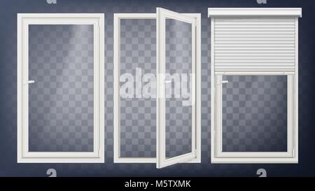 Kunststoff Tür Vektor. PVC-Kunststoff Profil. Weiße leere Rollladen. Geöffnet und geschlossen wird. Auf transparentem Hintergrund Abbildung isoliert Stock Vektor