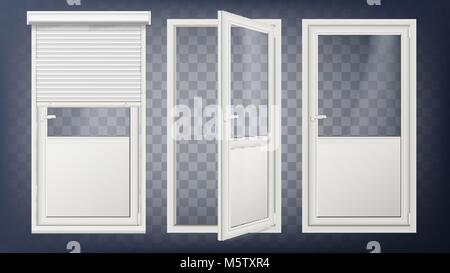 Kunststoff Glas Tür Vektor. Weiße Rollladen. Geöffnet und geschlossen wird. Roll Up Shutter. Auf transparentem Hintergrund Abbildung isoliert Stock Vektor