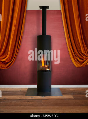 Moderne Einrichtung mit modernen Holzmöbeln Brenner gegen strukturierte Rote Wand Stockfoto