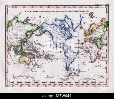 1844 Stieler Karte - Welt auf der Projektion des Mercator - Asien Afrika Australien Europa Nord- und Südamerika Stockfoto