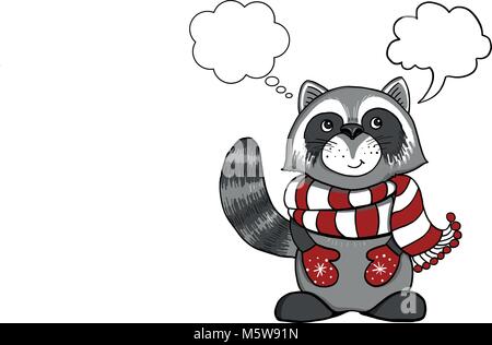 Vintage Weihnachtskarten. Süß lächelnd Waschbär in Rot mit weißem Streifen skarf. Winterurlaub Vector Illustration. Stock Vektor