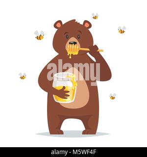 Vektor Cartoon Stil tragen Charakter Essen süßen Honig. Bienen fliegen herum. Auf weissem Hintergrund. Stock Vektor