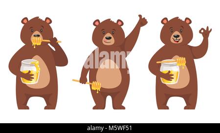 Vektor cartoon style Set von bear Charakter essen Sweet honey zeigt eine okay Hand unterzeichnen. Auf weissem Hintergrund. Ok Geste. Stock Vektor