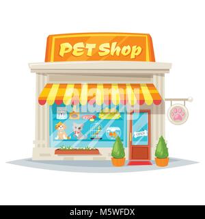 Vektor Cartoon Stil Abbildung: Pet shop Fassade mit hellen Banner. Speichern von außen. Auf weissem Hintergrund. Präsentation von Produkten für Stock Vektor