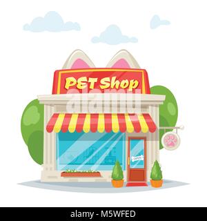 Vektor Cartoon Stil Abbildung: Pet shop Fassade mit hellen Banner mit Katze Ohren. Speichern von außen. Auf weissem Hintergrund. Schaufenster Stock Vektor