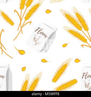 Vektor Cartoon Stil nahtlose Muster mit Weizen Getreide, Mehl Paket. Getreide Pflanzen auf weißem Hintergrund. Stock Vektor