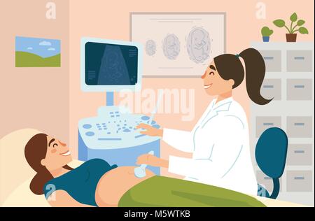 Ultraschalluntersuchung der schwangeren Frau im Krankenhaus Stock Vektor