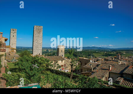 Aussicht auf die Dächer und Türme mit Bäumen und blauen sonnigen Himmel von San Gimignano. Eine mittelalterliche Stadt mit mehreren Türmen. Stockfoto