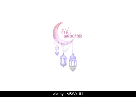 Eid Mubarak mit beleuchteten lampe auf weißem Hintergrund. Stockfoto