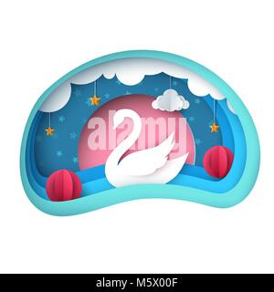Cartoon Papier Landschaft. Schwan Abbildung. Stock Vektor