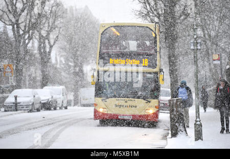 Brighton. 27 Feb, 2018. UK Wetter: Schnee fällt in den Bereich der Queens Park Brighton, die am frühen Morgen als "Tier des Ostens' Schneestürme über Großbritannien Verbreitung heute mehr Schnee und eisigen Wetter Prognose für den Rest der Woche: Simon Dack/Alamy leben Nachrichten Stockfoto