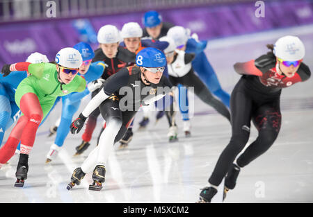 Claudia Pechstein, GER, Mitte, Aktion, Pulka Finale Massenstart der Frauen, am 24.02.2018 Olympische Winterspiele 2018, vom 09.02. - 25.02.2018 in PyeongChang/Suedkorea. | Verwendung weltweit Stockfoto