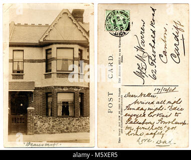 Alte Foto von einem Mitte der Terrasse Haus, 130 Ramuz, Westcliff-on-Sea, Essex, England. Foto, datiert 1915, in eine Postkarte, die beide Seiten gesehen, den Kommentar auf der Rückseite. Stockfoto