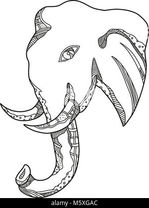 Doodle art Illustration von Stier African Elephant Head gesehen von der Seite in Schwarz und Weiß in Mandala Stil. Stock Vektor