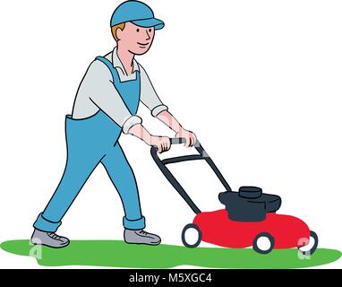 Cartoon Stil Abbildung: ein Gärtner mähen Rasen mit Rasenmäher oder Rasenmäher von Seite auf isolierten Hintergrund betrachtet. Stock Vektor