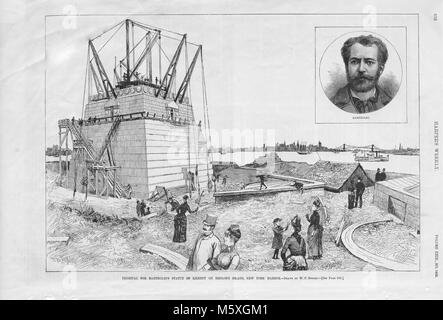 Frédéric Auguste Bartholdi (1834-1904), französischer Bildhauer, die Freiheitsstatue. Die Statue im Bau auf Liberty Island, New York mit Bartholdi inset, von Harper's Weekly. Stockfoto