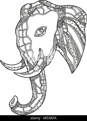 Doodle art Illustration von Stier African Elephant Head gesehen von der Seite in Schwarz und Weiß in Mandala Stil. Stock Vektor