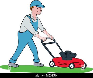 Cartoon Stil Abbildung: ein Gärtner mähen Rasen mit Rasenmäher oder Rasenmäher von Seite auf isolierten Hintergrund betrachtet. Stock Vektor