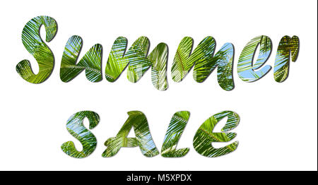 Summer Sale text Zeichen auf tropischen grünen Blätter und blauer Himmel. Stockfoto