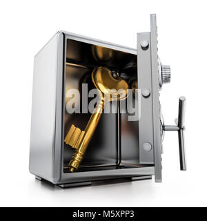 Goldenen Schlüssel mit Herz Form in Stahl sicher. 3D-Darstellung. Stockfoto