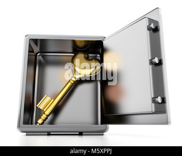 Goldenen Schlüssel mit Herz Form in Stahl sicher. 3D-Darstellung. Stockfoto