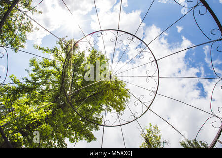 Dekorativen schmiedeeisernen Pavillon Dach, Ansicht von unten auf den Himmel und Bäume Stockfoto