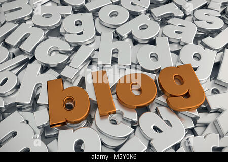 3D-Rendering von Blog Wort in metallisches Kupfer Farbe auf Stapel von grau metallic Alphabets Schriftarten Stockfoto