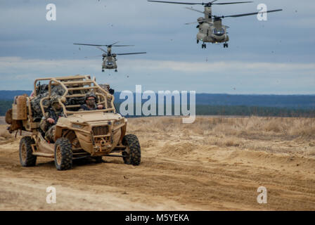 Us-Armee Fallschirmjäger, die den zweiten Bataillon, 325 Airborne Infanterie Regiment, 2nd Brigade Combat Team, 82nd Airborne Division, Drive ultra-leichte, geländegängige Fahrzeuge während einer Air Assault Mission als Teil der Abteilung Bereitschaft Übung auf Fort Bragg, N.C., Feb.12, 2018 statt. Die Ausübung validiert die Fähigkeit der Teilung einer Brigade Combat Team mit angehängten Enabler kurzfristig bereitstellen. Die DRE begann mit einer Last von Tausenden von Ausrüstung, die von einer gemeinsamen gewaltsamen Eindringen Operation auf einer angefochtenen Flugplatz gefolgt und kam zu dem Schluss mit Air Assault Missionen ene zu ergreifen Stockfoto