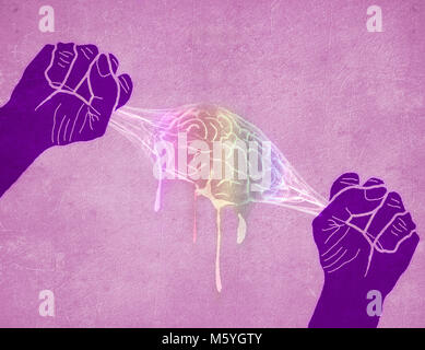 Zwei Hände quetschen Gehirn farbige digitale Illustration Stockfoto