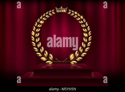 Ausführliche runde goldenen Lorbeerkranz crown Award auf Samt roten Vorhang Hintergrund und Bühne Podium. Gold Ring frame Logo. Sieg und Ehre Leistung Stock Vektor
