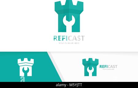 Vektor schloss logo Kombination. Turm und Reparatur Symbol oder Icon. Einzigartige Festung und fix Logo Design Template. Stock Vektor