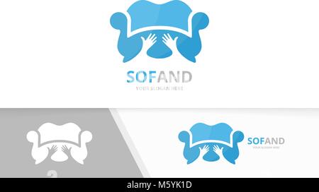 Vektor Sofa und Hände logo Kombination. Couch und umarmen Symbol oder Icon. Einzigartige Sessel und Team, Freundschaft Logo Design Template. Stock Vektor