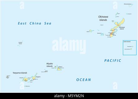 Detaillierte Vektorkarte der japanischen Insel Okinawa und Miyako und Gruppen Yaeyama Inseln, Japan Stock Vektor