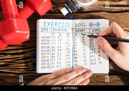 Erhöhte Ansicht einer Hand füllen Übung Anmelden Notebook mit Trainingsgeräten auf Schreibtisch Stockfoto