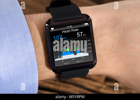 Person Hand tragen Smart Watch zeigt Heartbeat Rate Stockfoto
